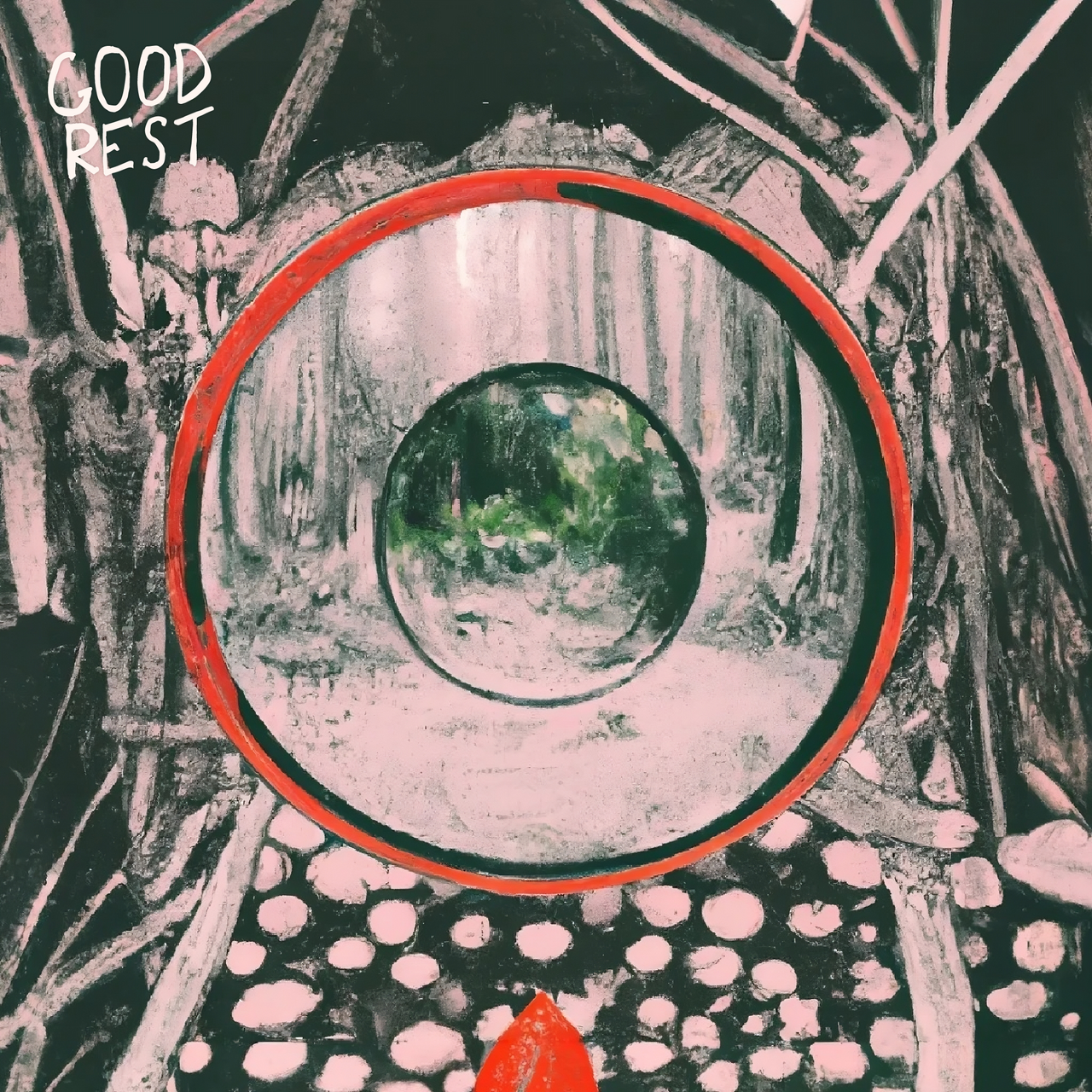 In the Clearing cover art - a green orb in a forest, surrounded by a black border with white tree roots. Charcoal drawing style collage.